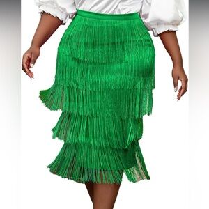 Green Tiered Fringe NWT Knee-Length Cocktail Skirt